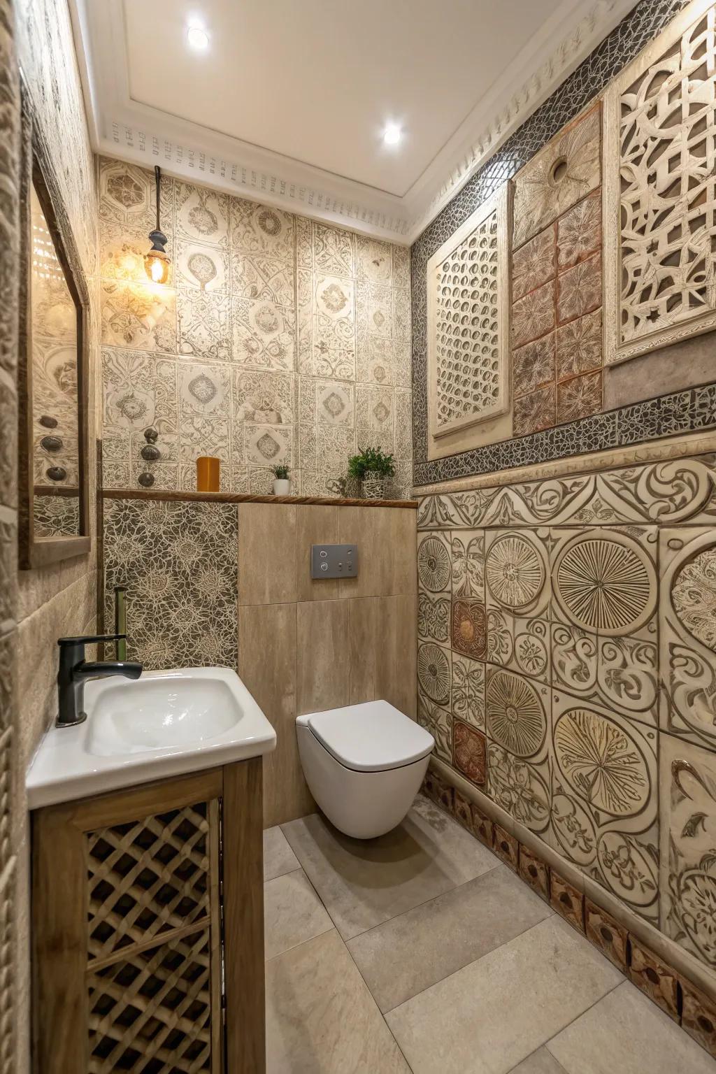 A bathroom with textured walls, offering depth and a captivating visual experience.