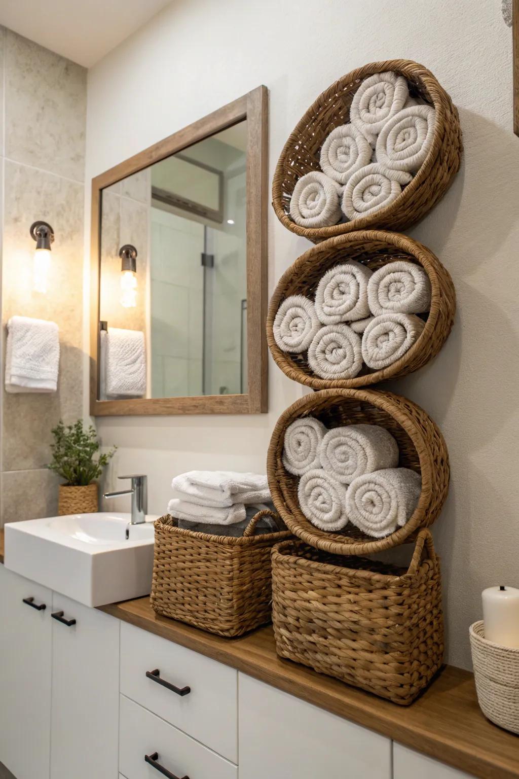 Mounted containers provide an artistic and practical cloth display.