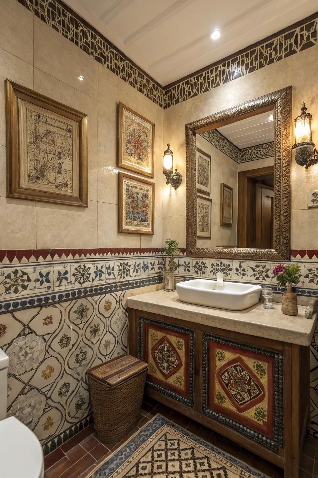 A culturally inspired bathroom featuring rich colors and patterns.