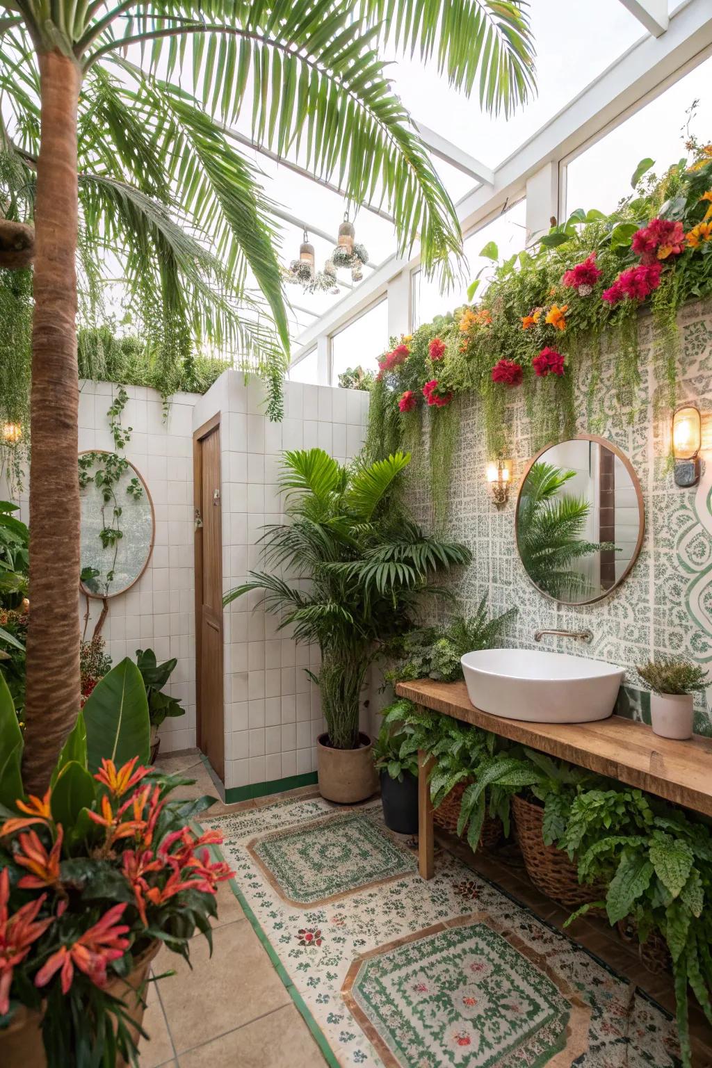 Surround yourself with jungle vibes using lush plants and striking colors.