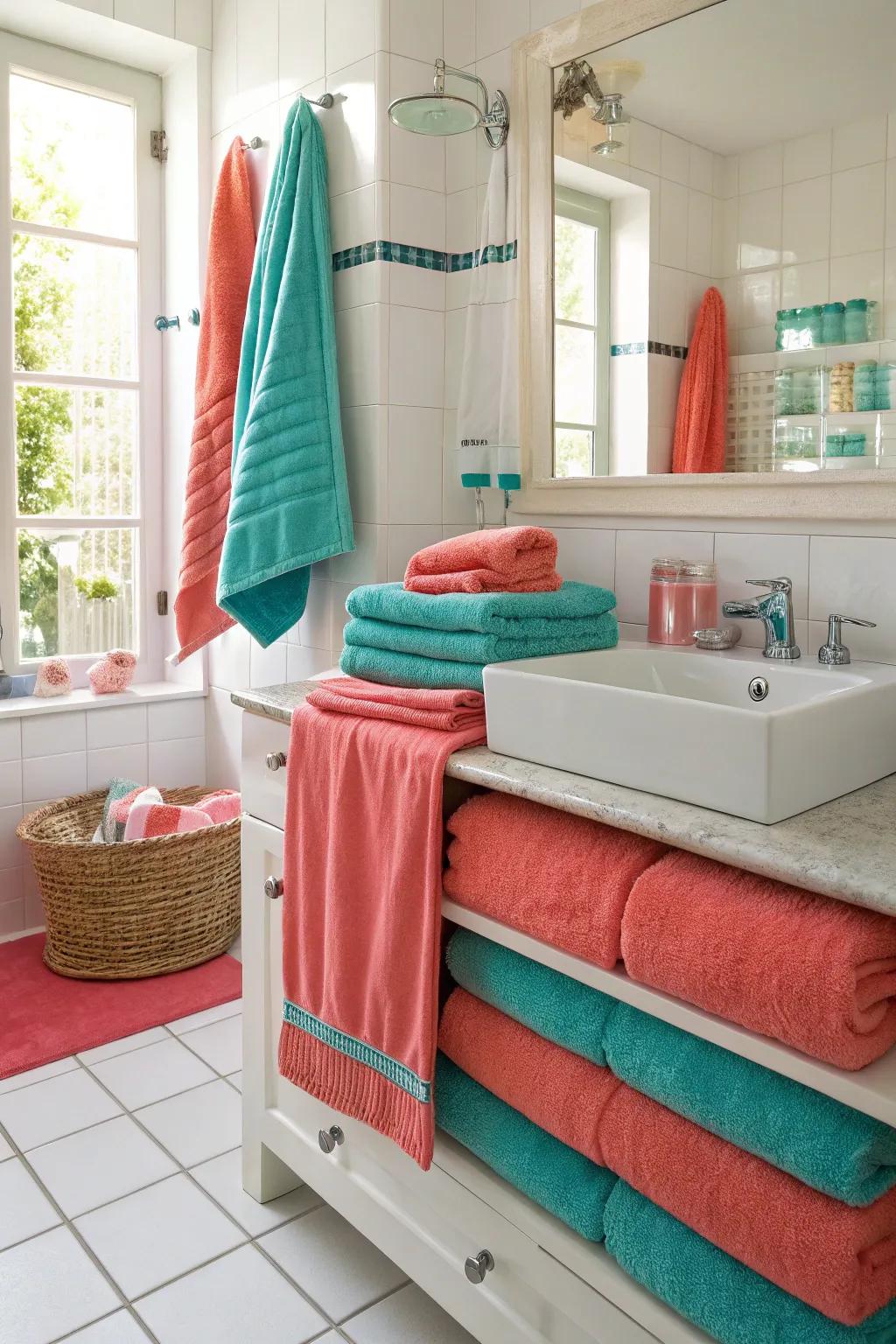 Coral and cerulean towels convey energy and vibrancy.