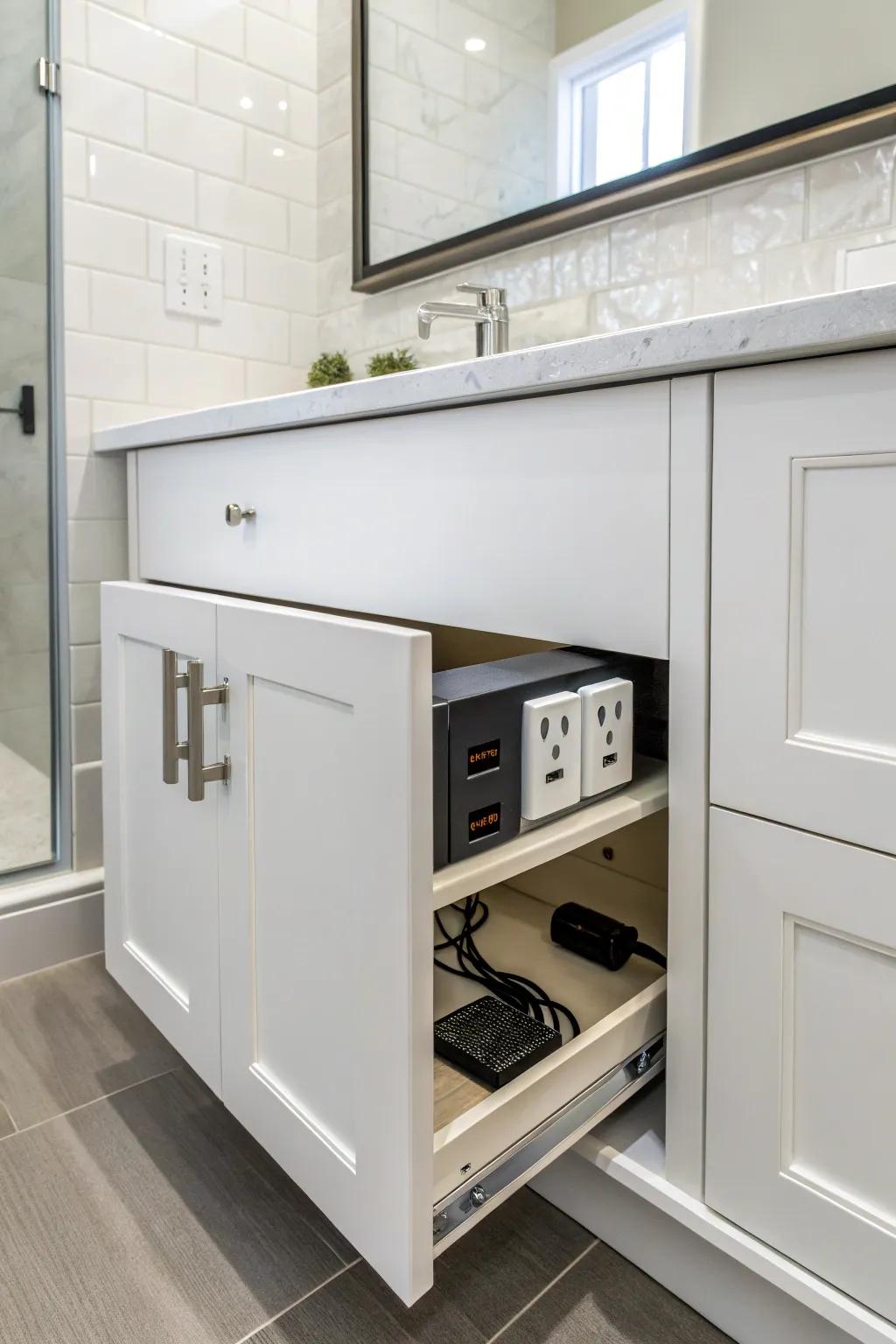 Concealed power outlets maintain counters clutter-free.