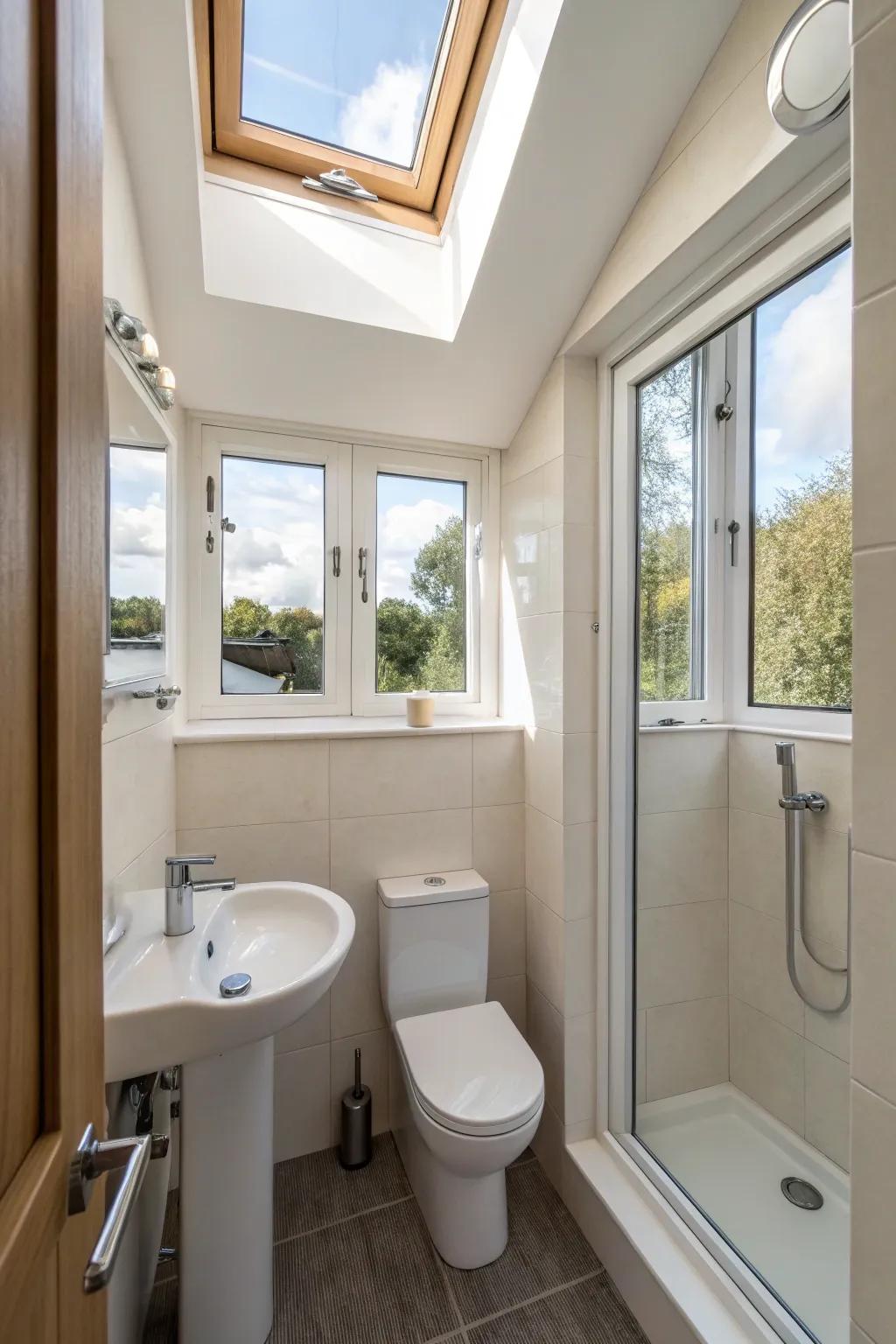 Narrow profile windows maximizing light in a compact bathroom area.