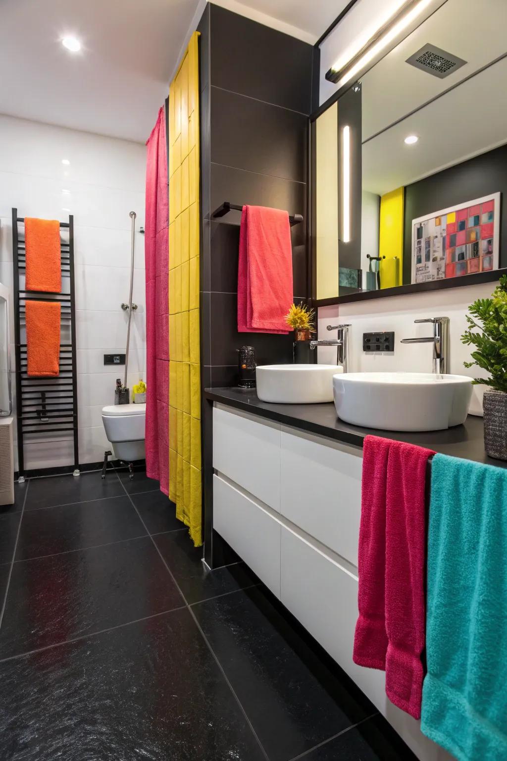 Striking color features add personality and vibrance to the dark floor.