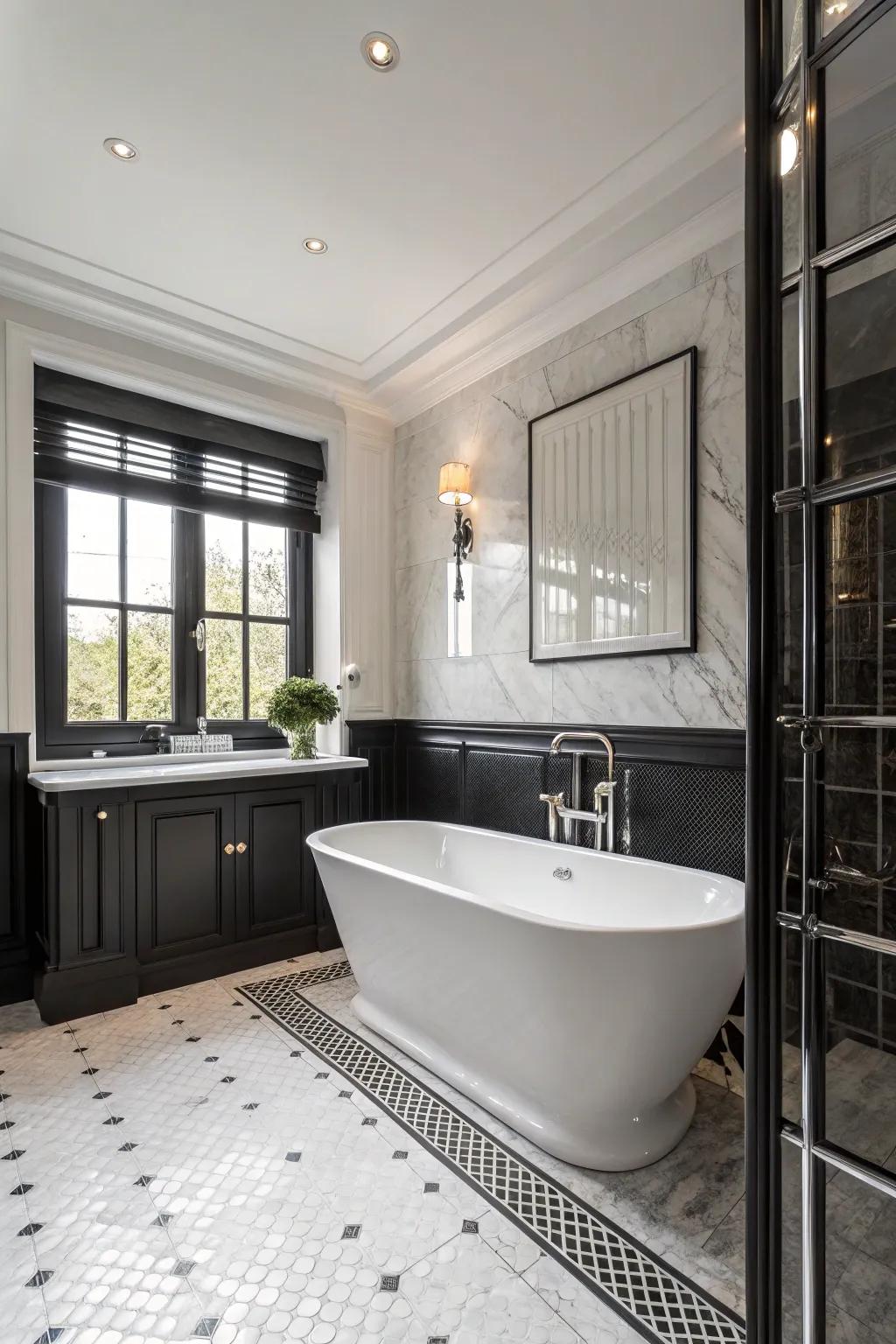 A sophisticated dark and light bathroom exhibiting a timeless appeal.