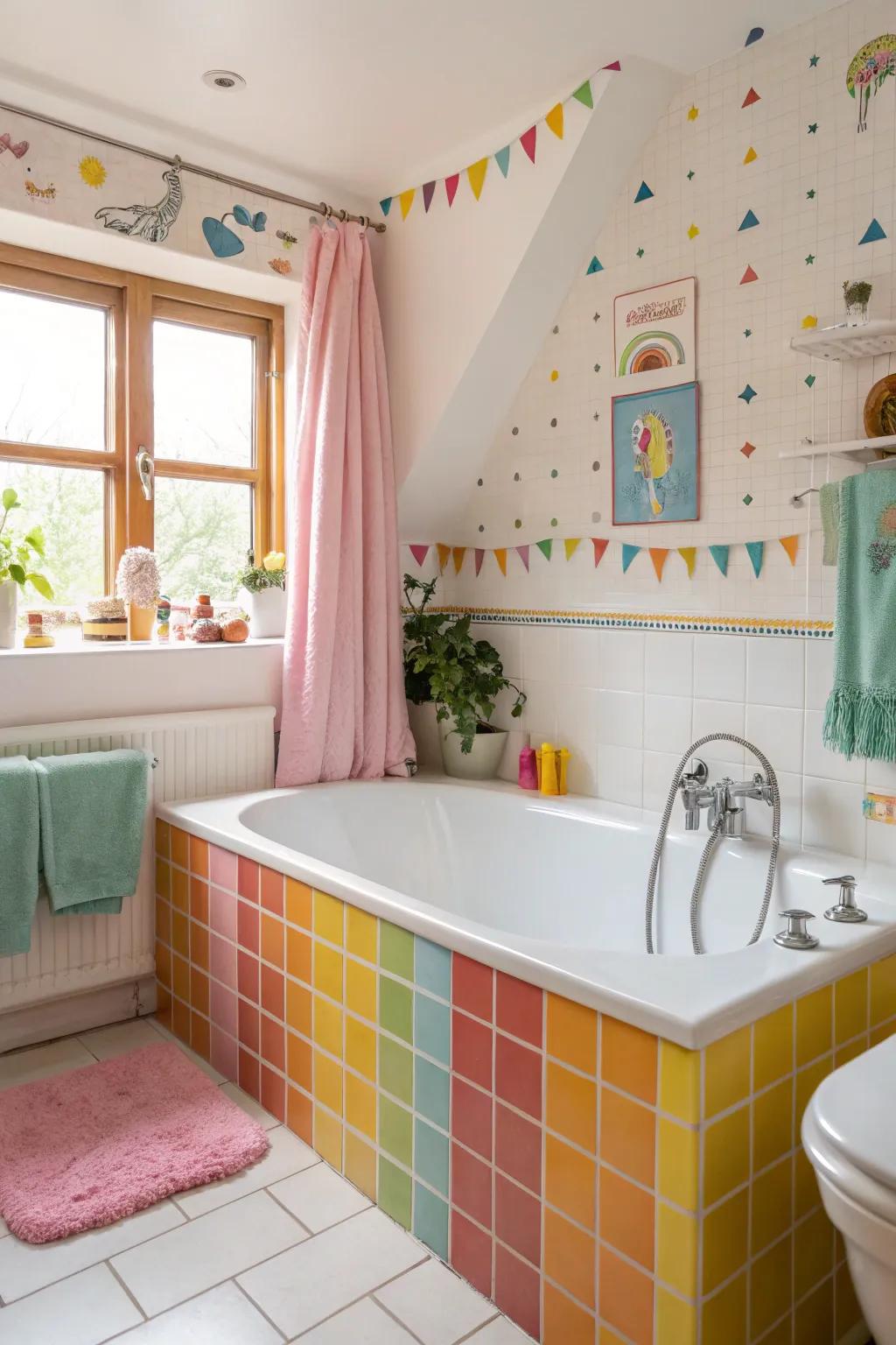 A playful bathroom features a tub with vibrant, colored fixtures.