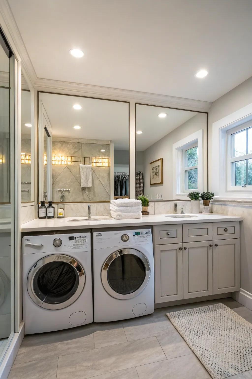 Mirrored cabinets amplify the feeling of space and light.