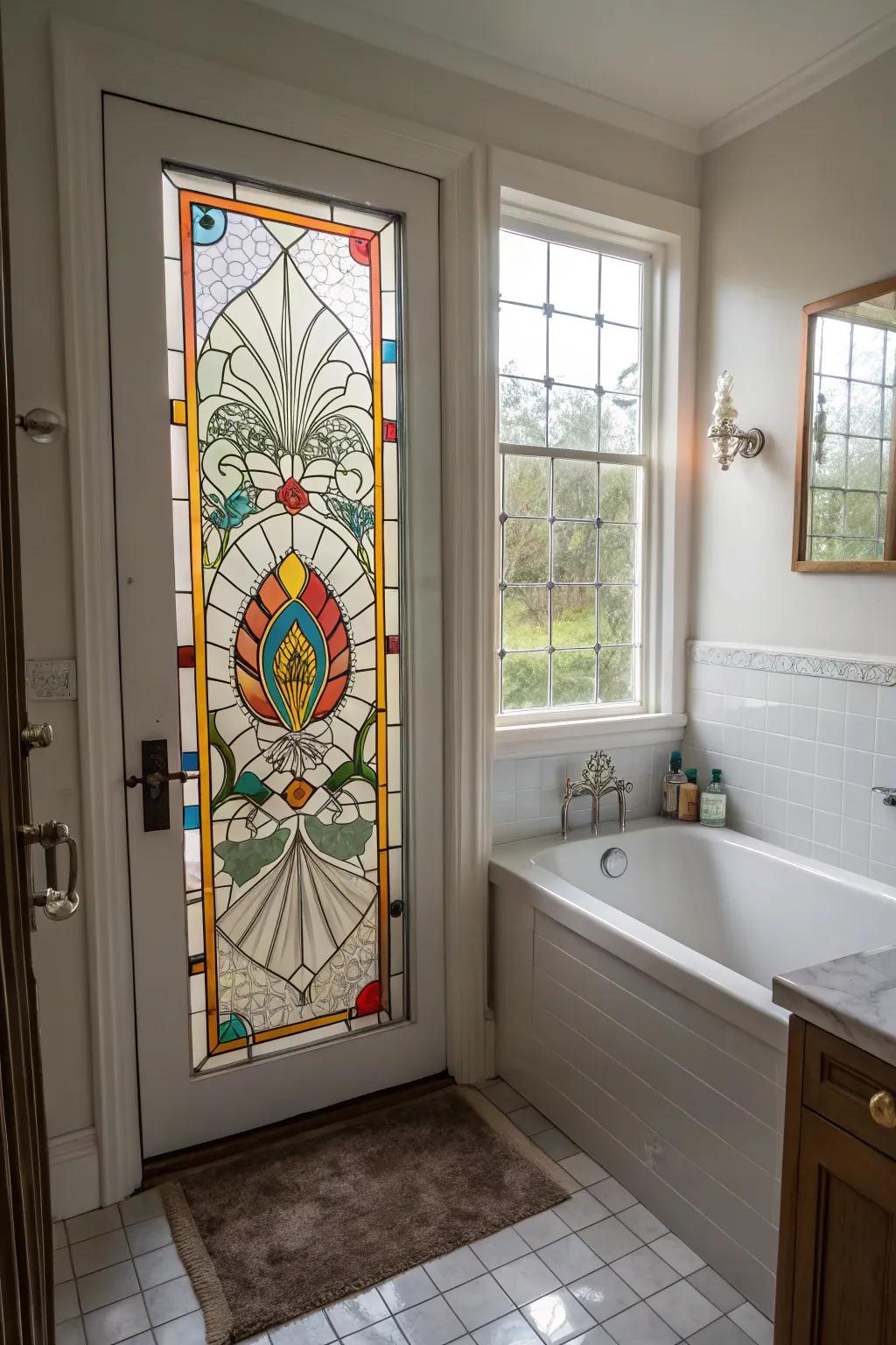 Decorated glass introduces color and artistry to bathroom designs.