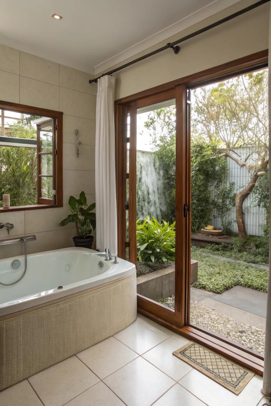 Sliding doors connect this tub to a private garden.