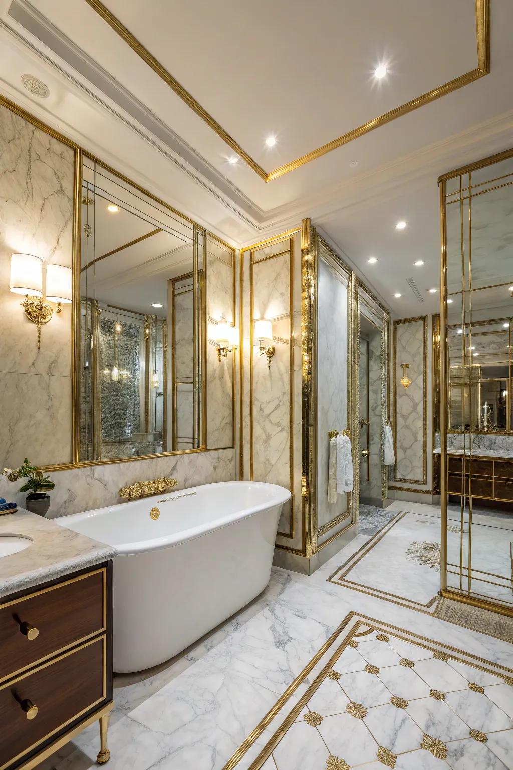 Mirrored walls create the illusion of a more spacious bathroom.