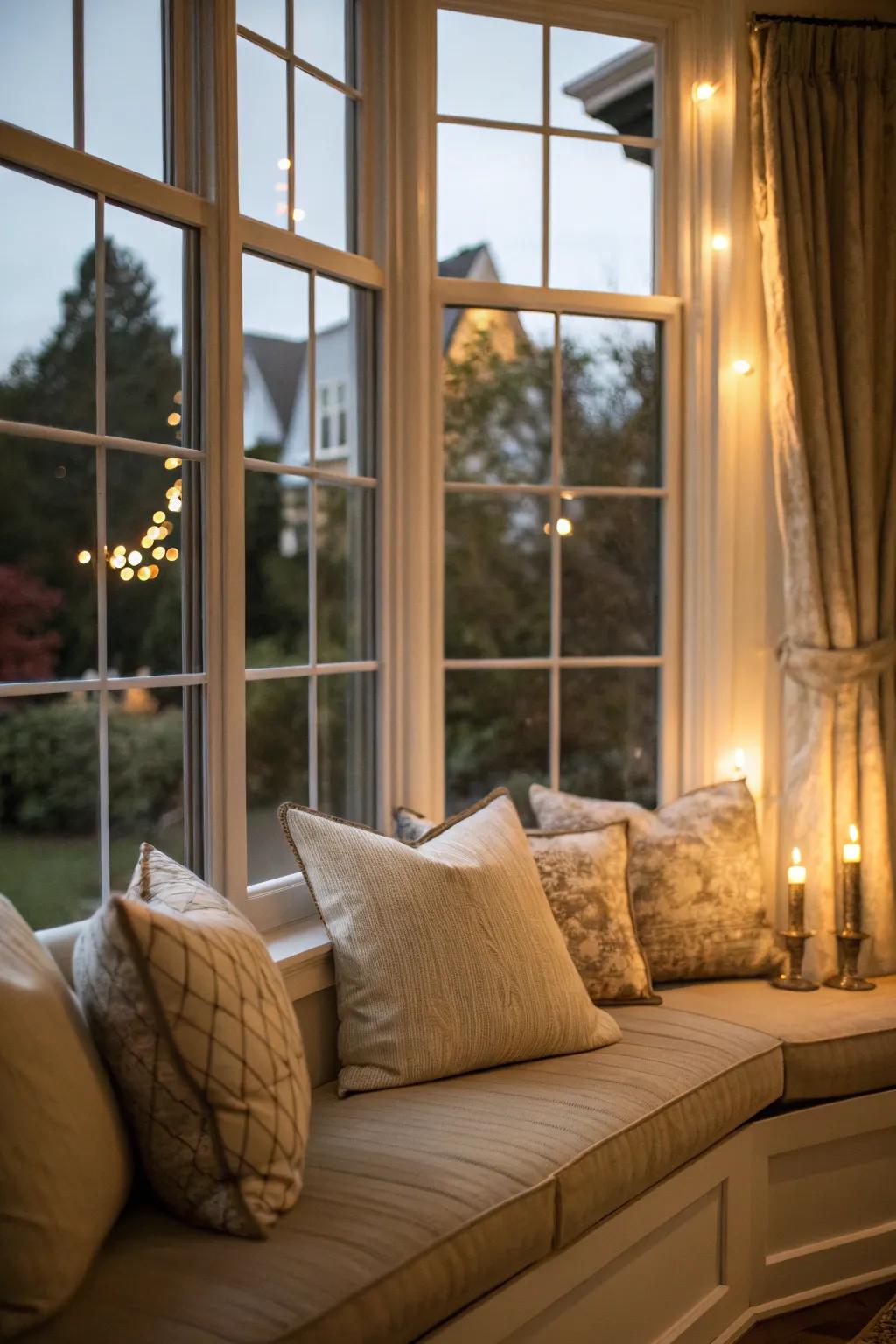 Neutral tones extend timeless grace and adaptability to your bay window setup.