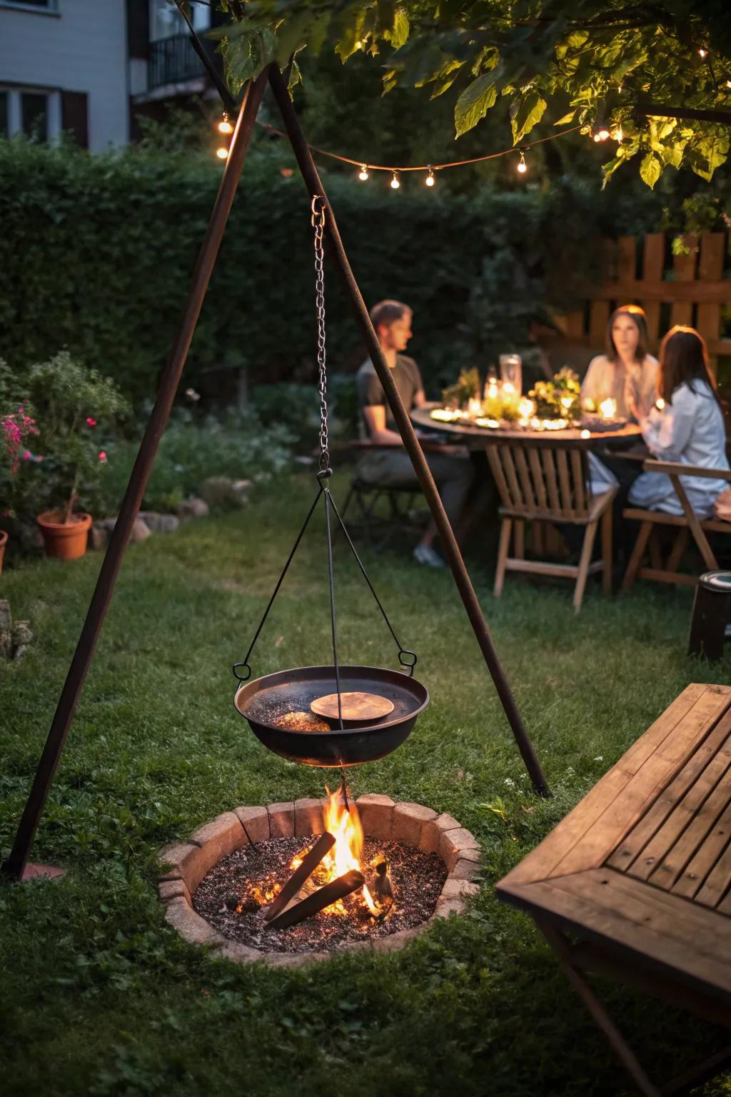Unique hanging grill for a fun outdoor spot.