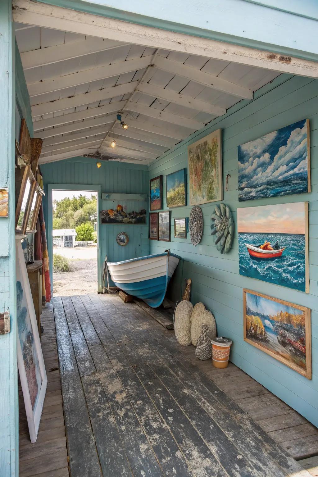 Coastal art infuses personality and allure into the garage.