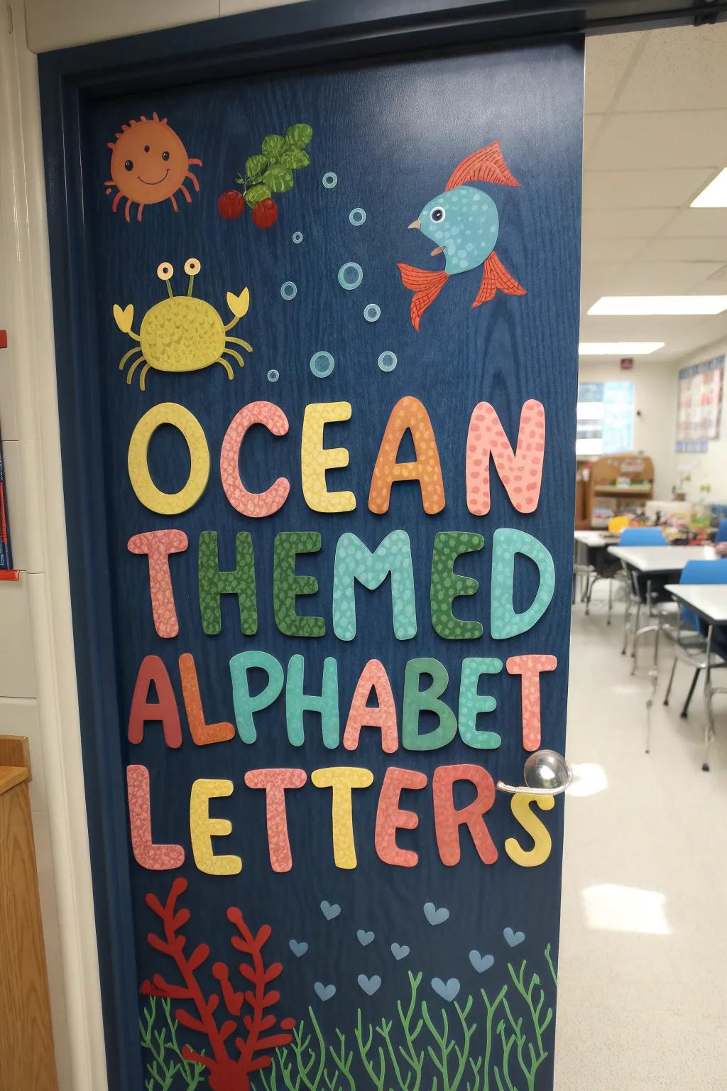 Entrance featuring ocean themed alphabet letters as a playful way to learn.