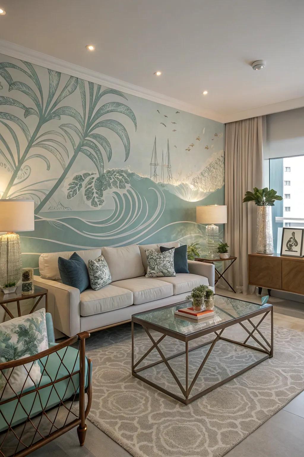 Introduce a contemporary spin using conceptual coastal-themed wallpaper.