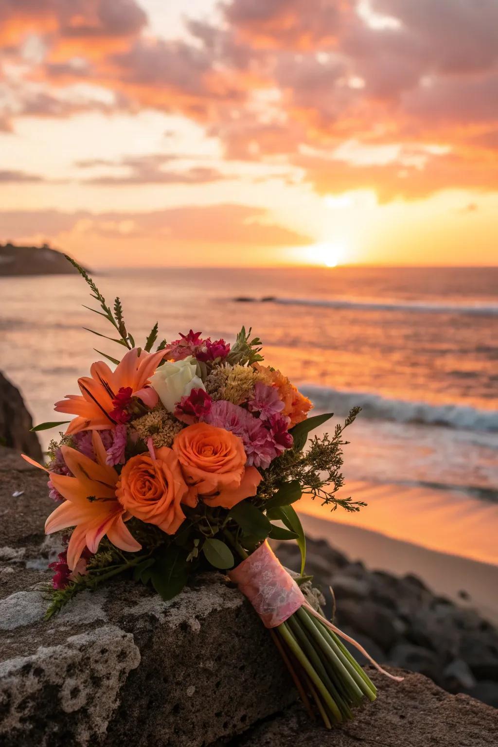 An arrangement with sunset colors reflecting the evening beach ambiance.