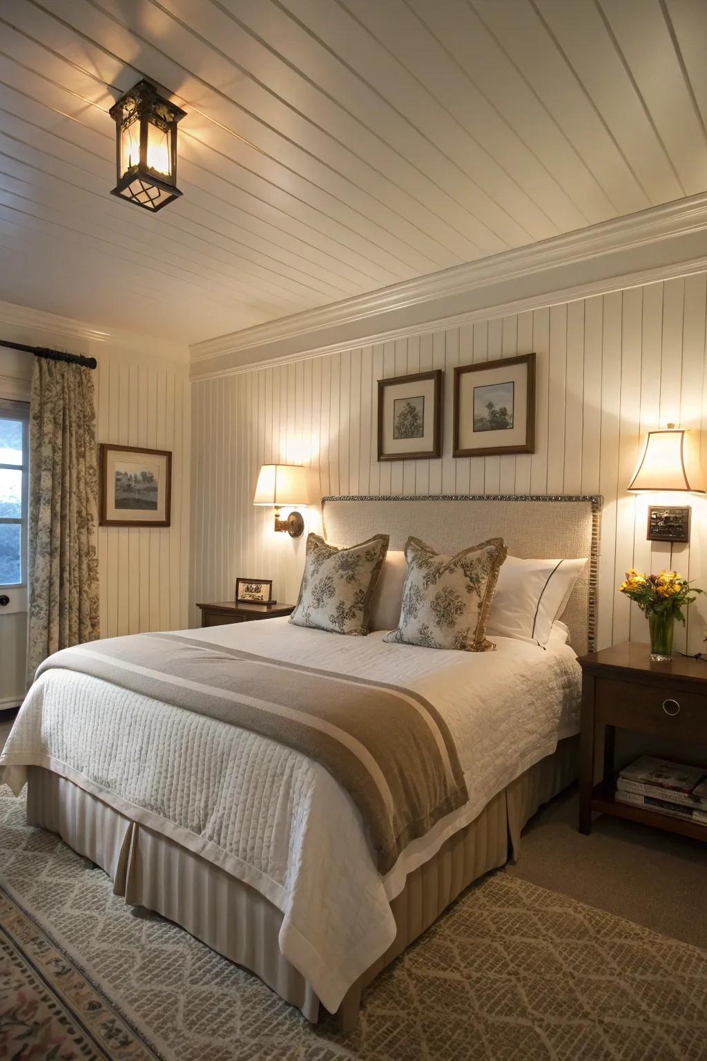 A glamorous guest room featuring comfortable plank panel accents.