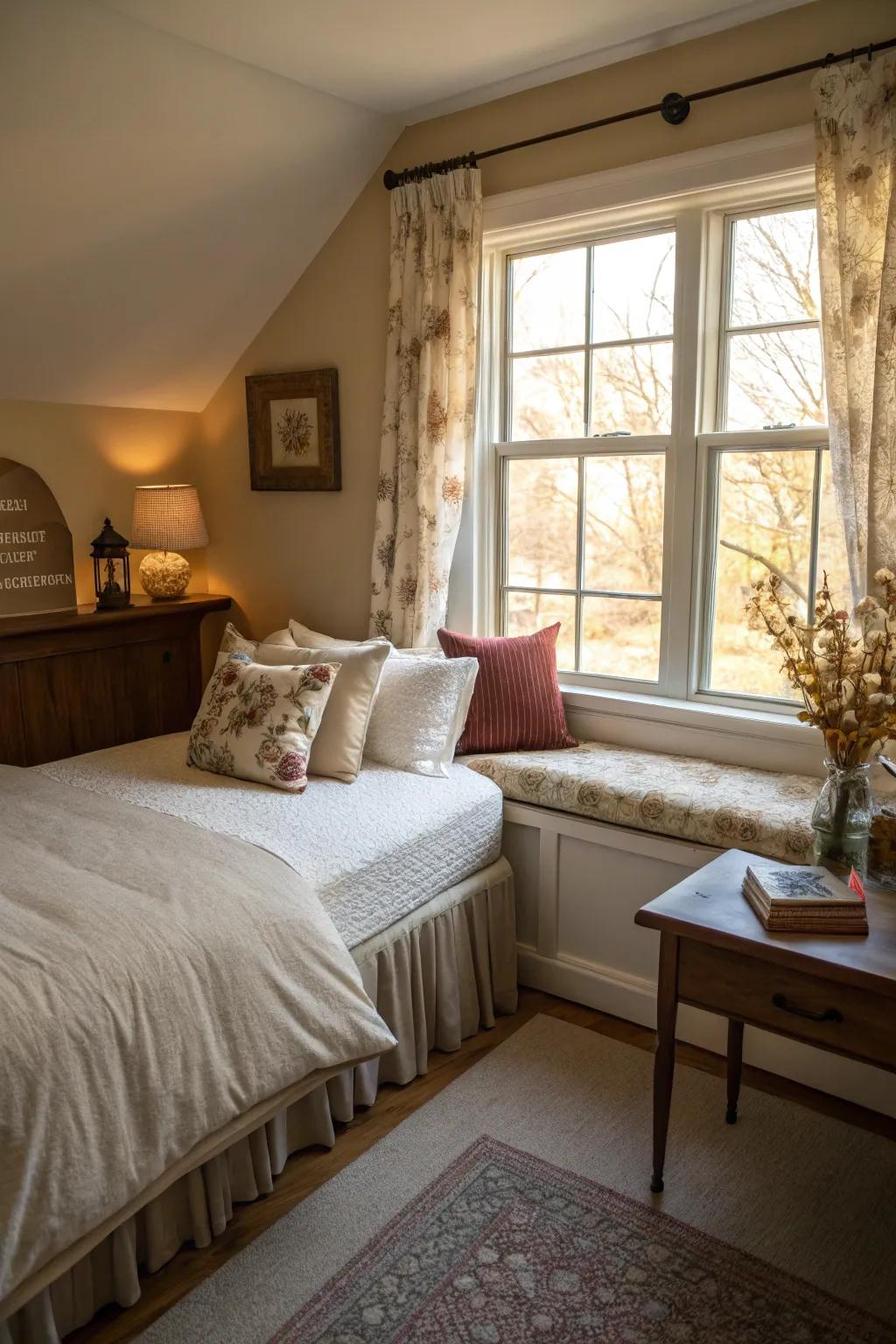 A window seat adds comfort and functionality to a bedroom corner.