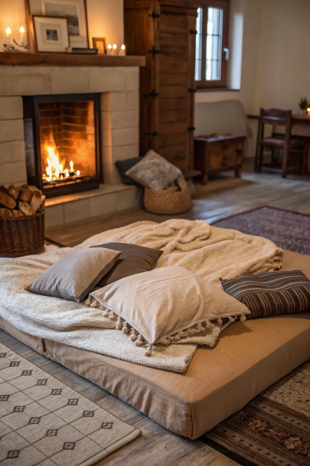 Add warmth and coziness with a hearth near your floor bed.