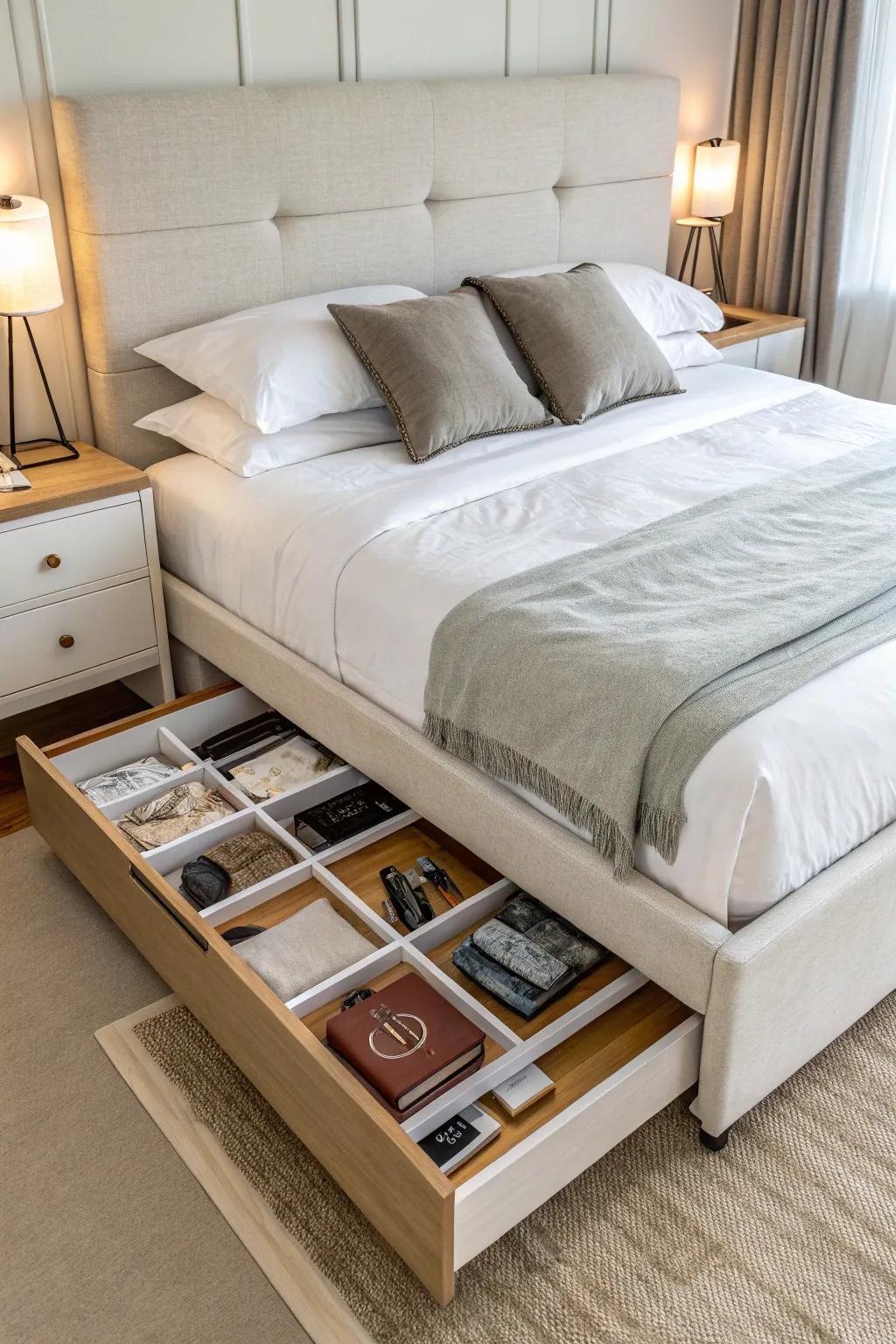 Concealed stowing sections keep a bedroom tidy and clutter-free.