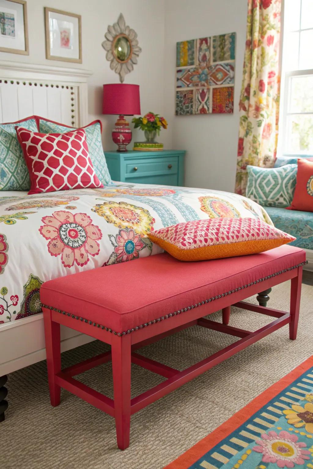 A bold bench adds personality and a focal point to your room.
