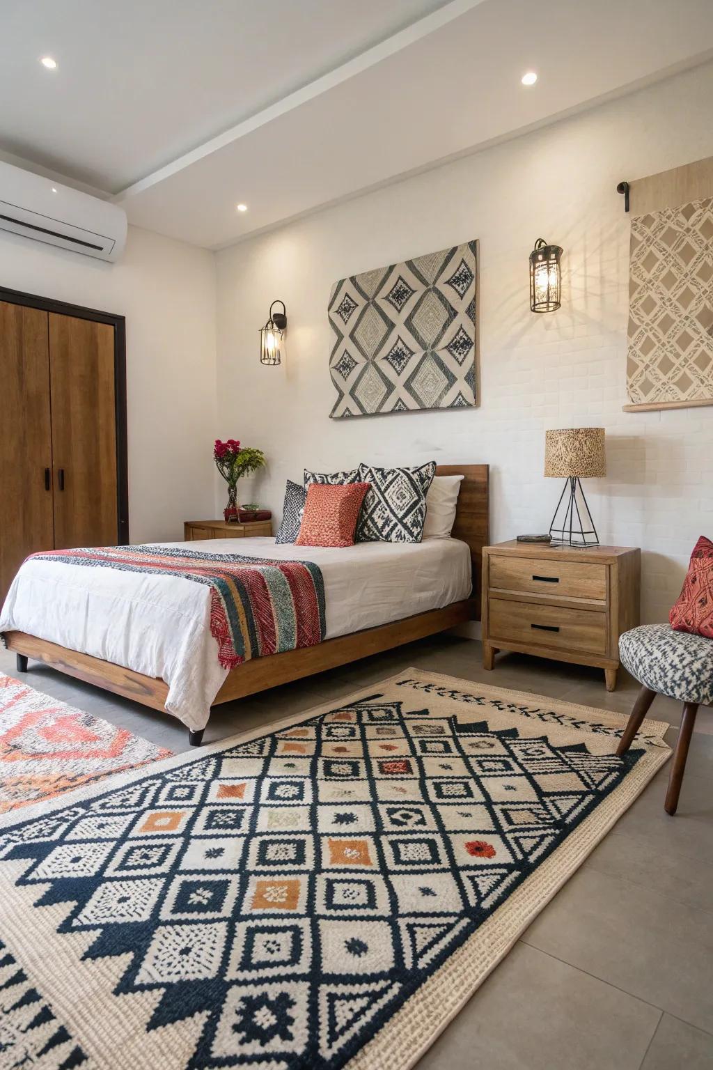 Geometric patterns give bedroom decor a modern edge.