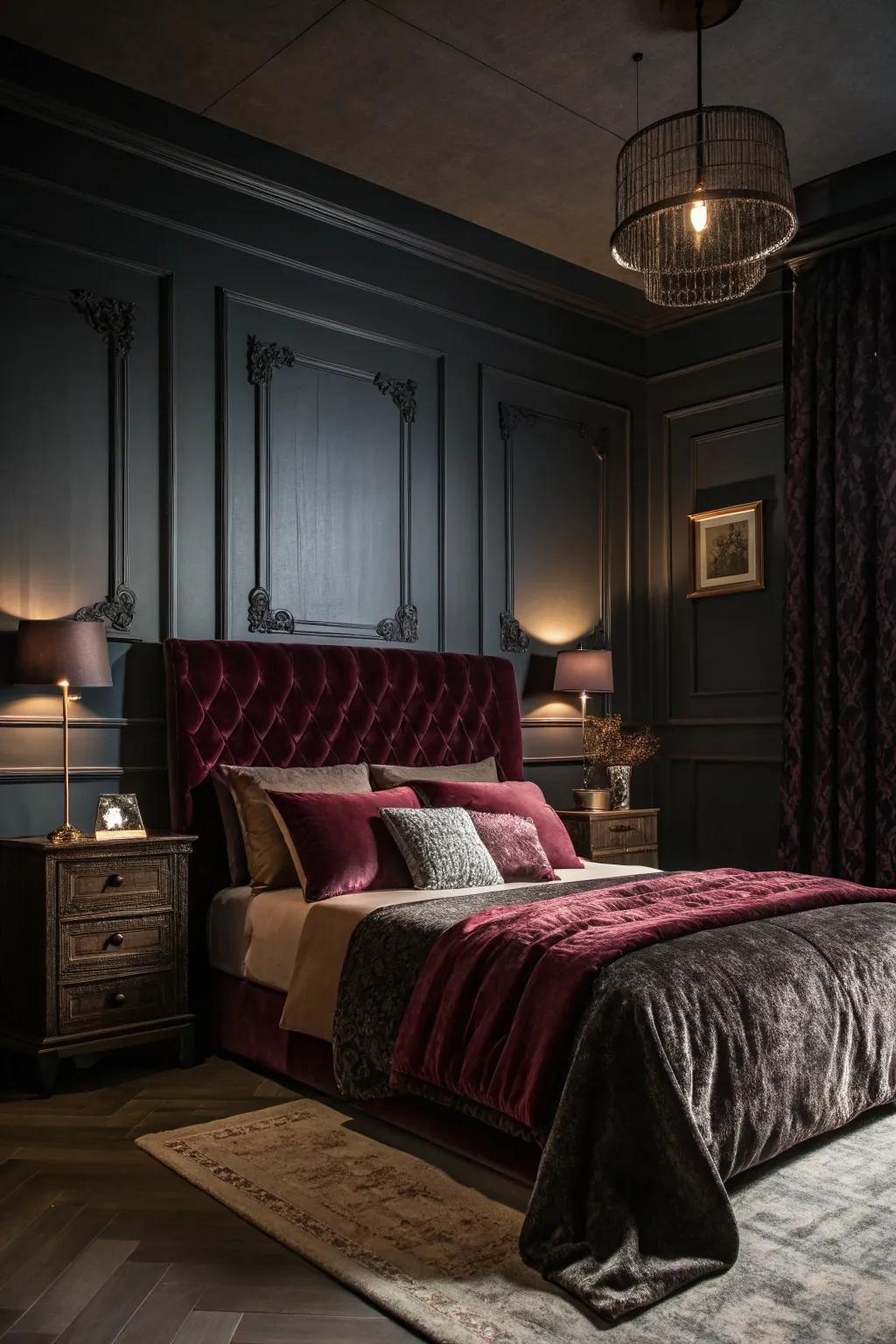 Dark hues and rich textures create a melancholy and intense atmosphere in this bedroom.