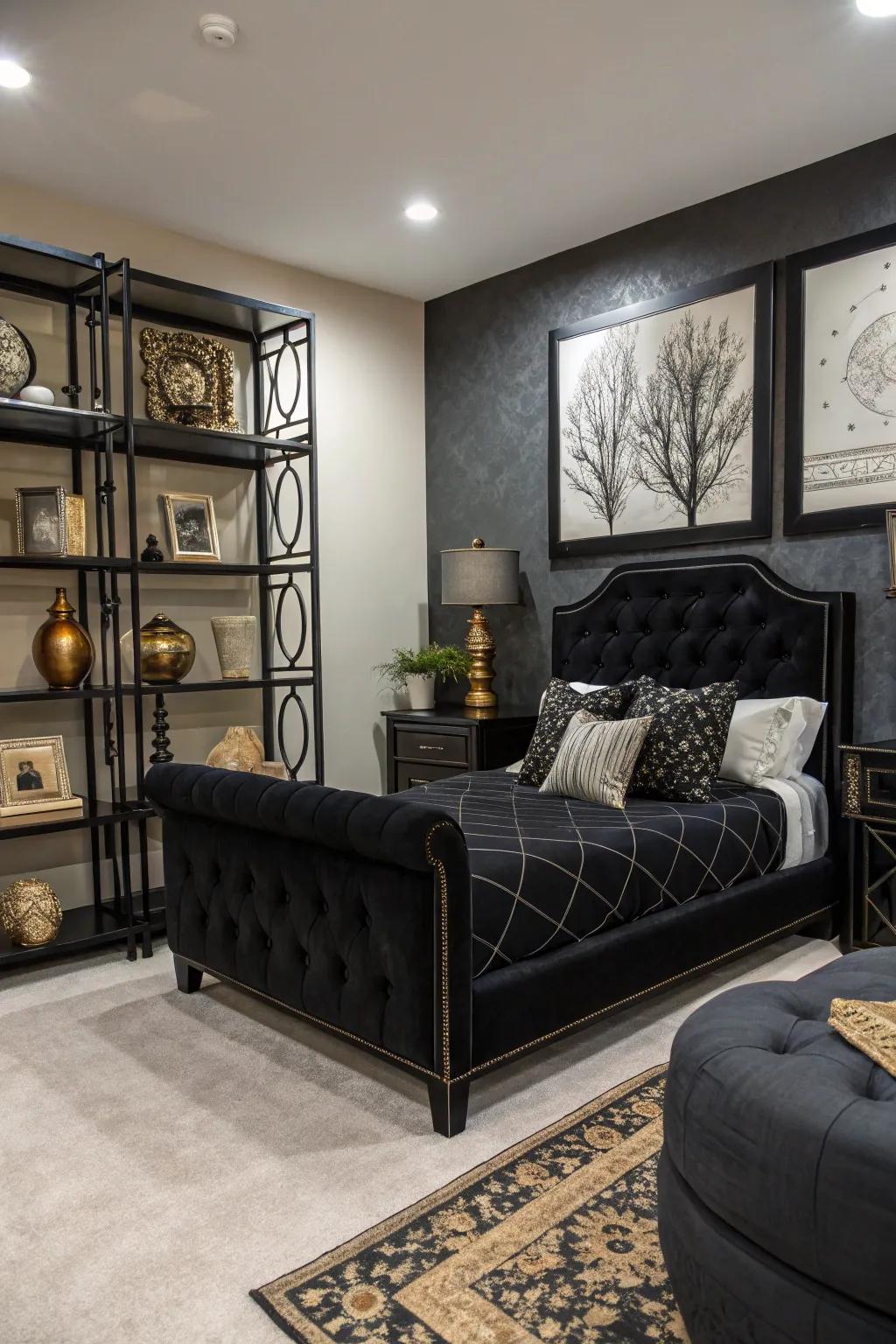 Art pieces add sophistication and elevate the design of a bedroom with black furniture.