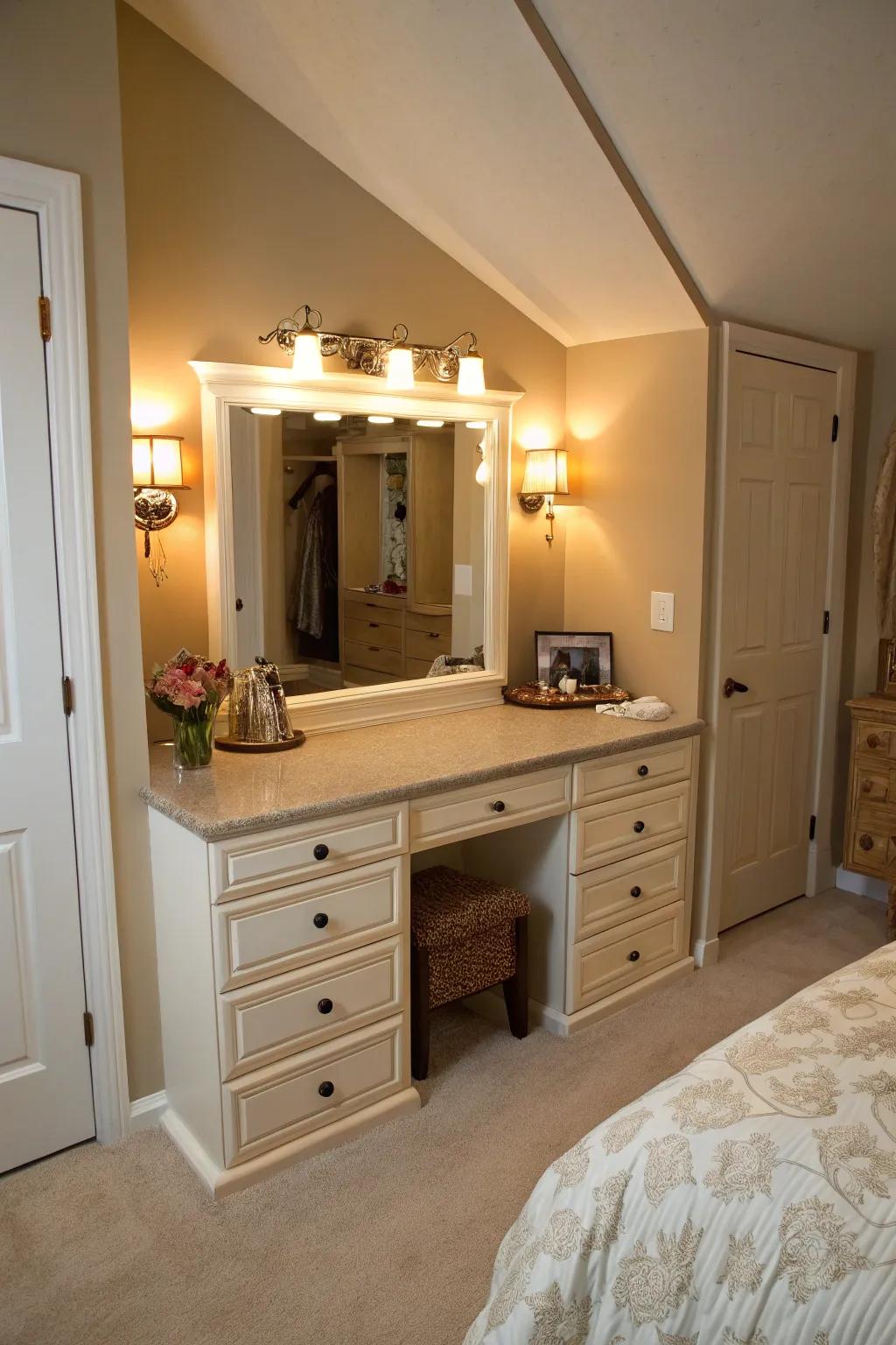 Make your bedroom better with a vanity that's built into the knee wall.