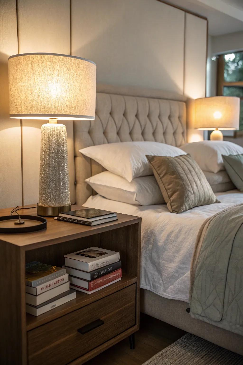A tidy, subtle glow is provided by under-shelf lighting.