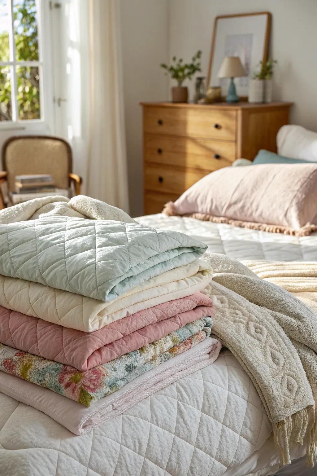 A bedroom with layered textiles creating a luxurious feel.