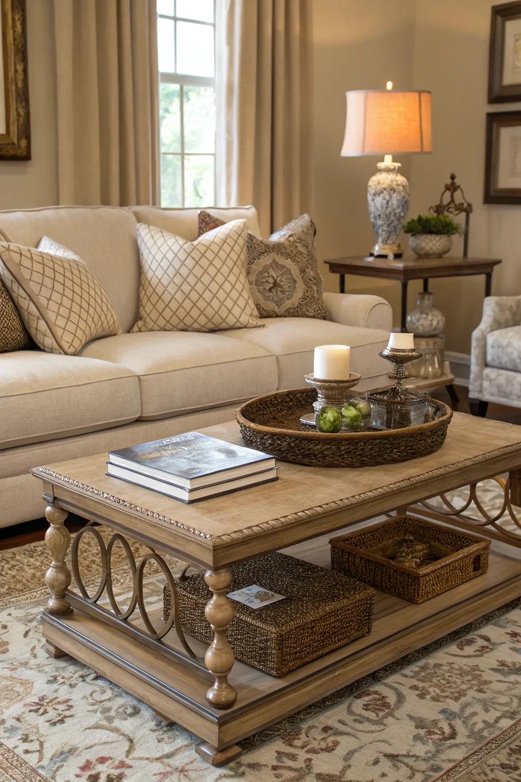In a fashionable living room, a striking coffee table complements a sand-toned sofa.