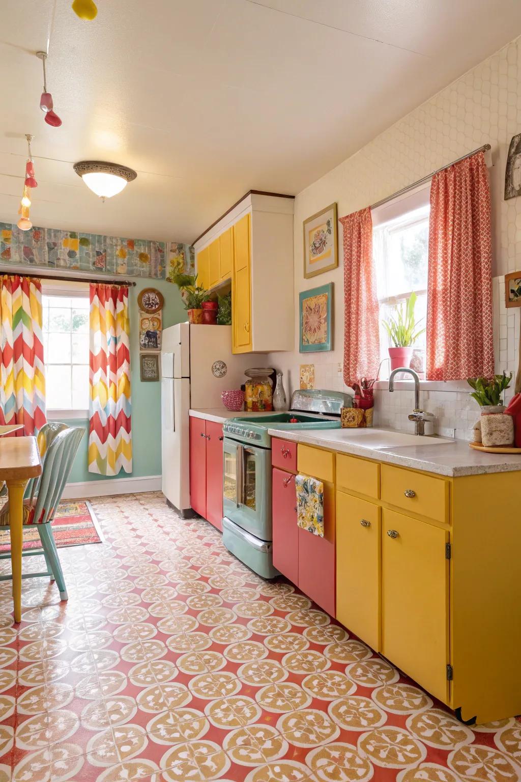 Linoleum flooring infuses a space with a dynamic and colorful touch.
