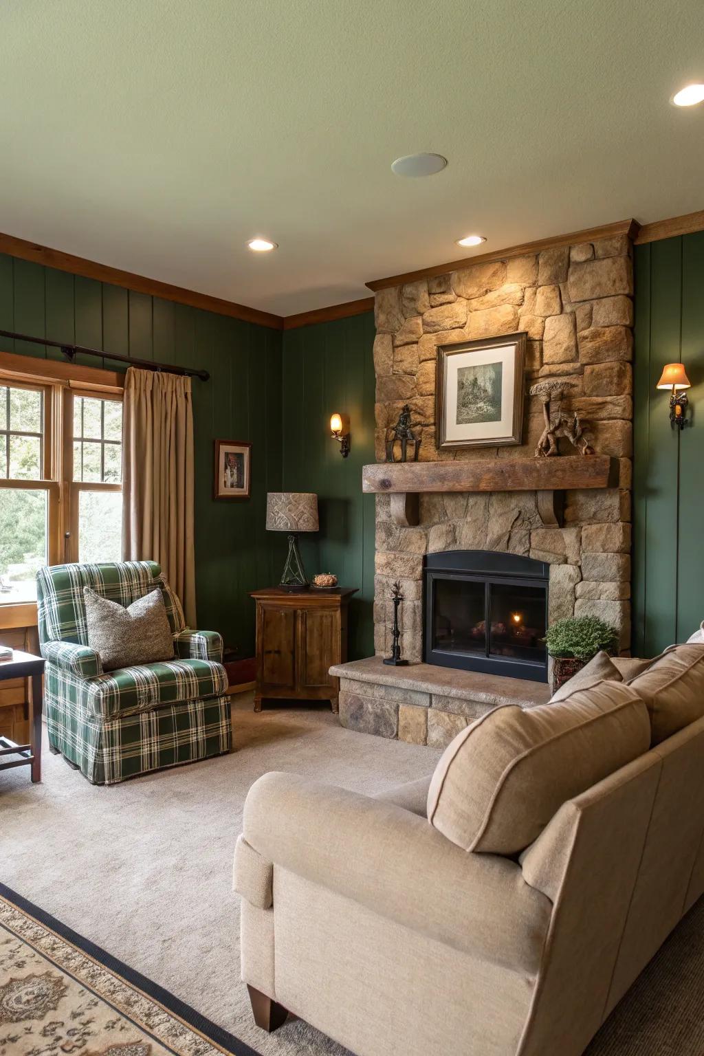 A rustic living room featuring rich grandeur green walls.