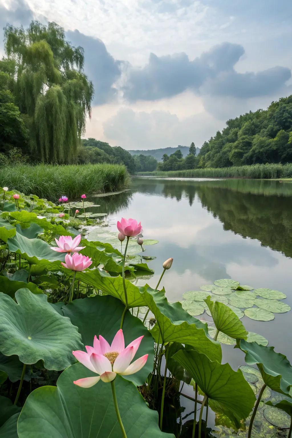 Bloom lotus flowers deliver sacred beauty and elegance to the pond.