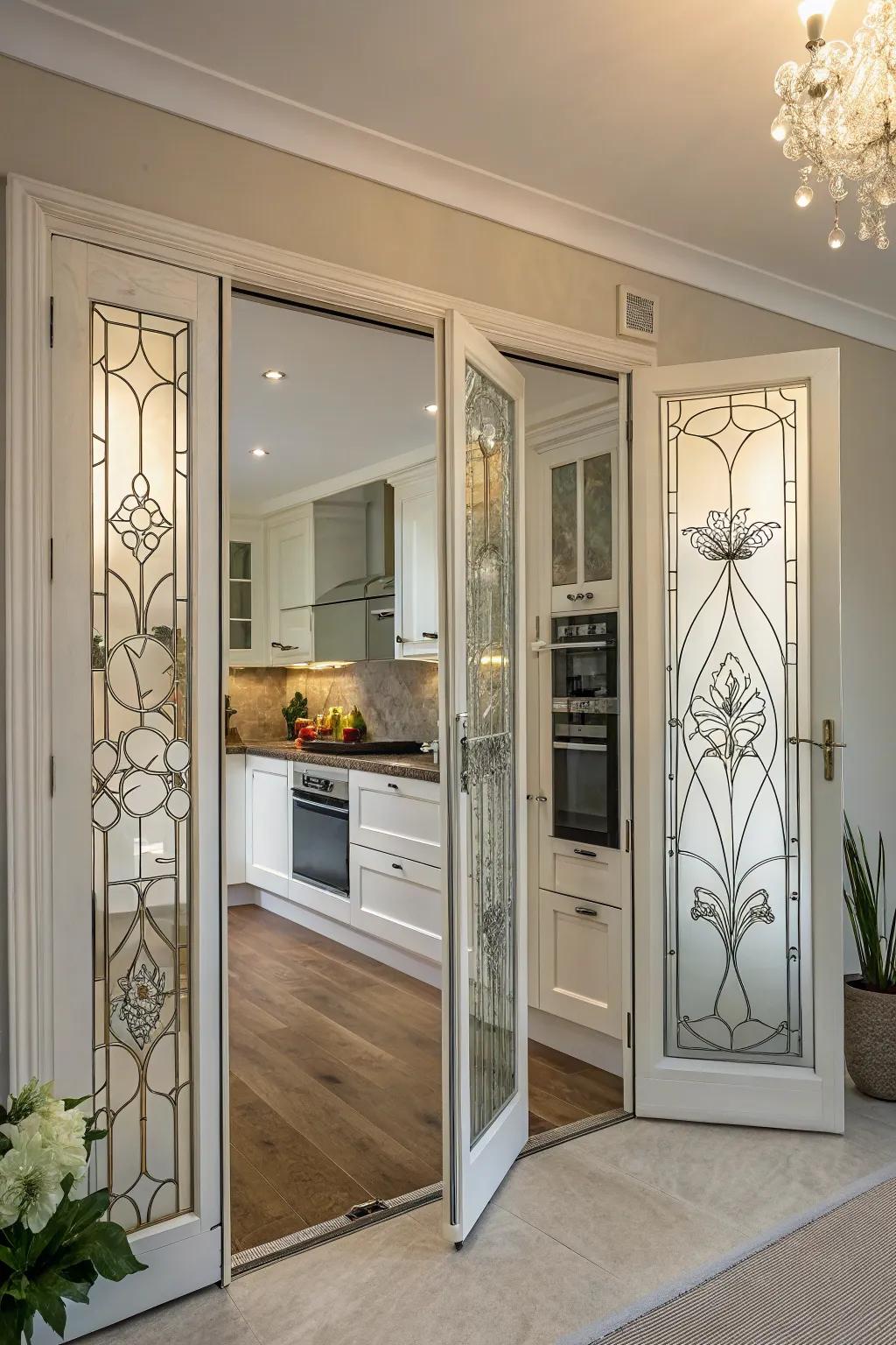 Decorative glass panels add artistic flair to bifold doors.