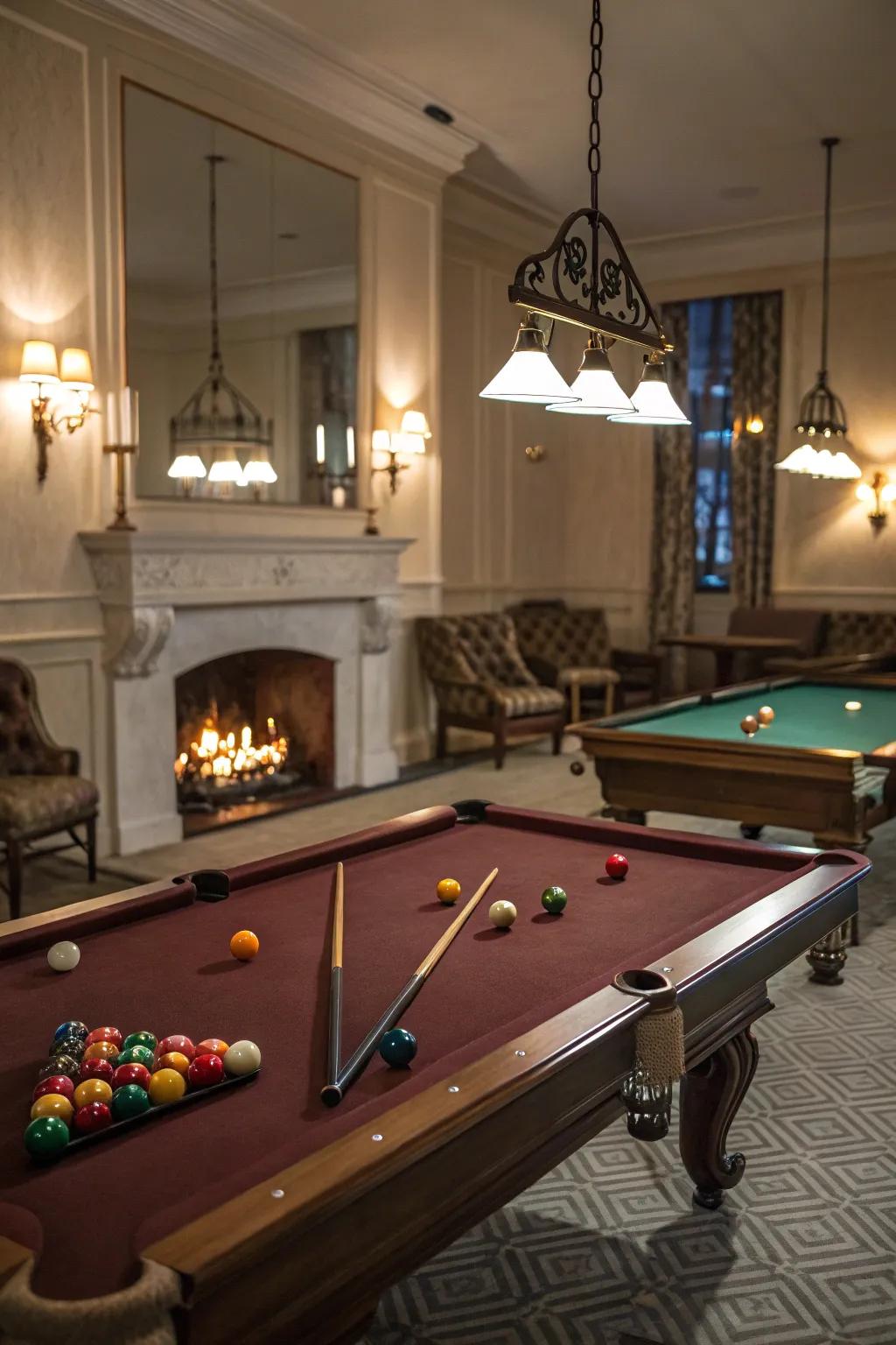 A comforting fireplace provides warmth to a billiards space.