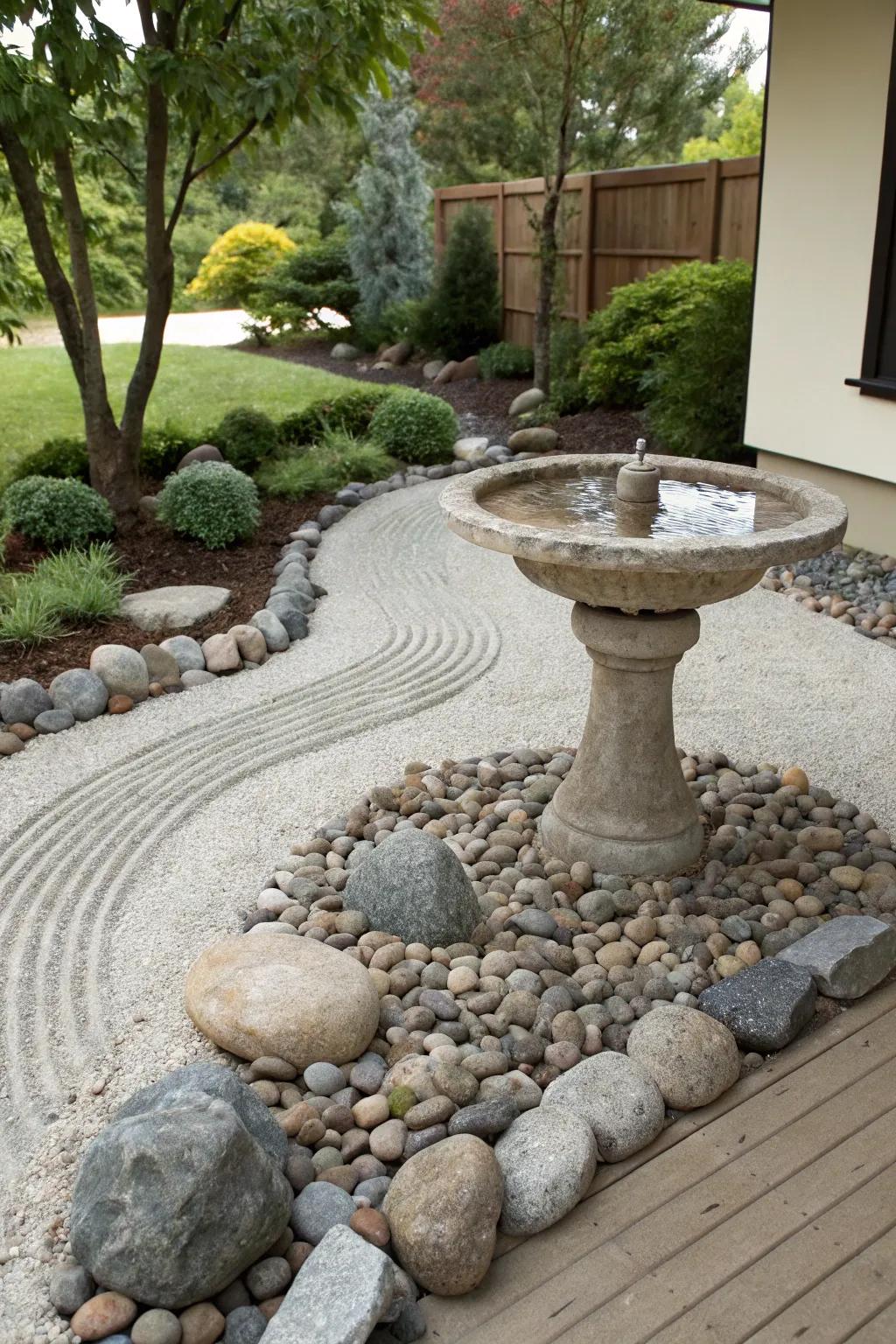 A Zen garden bird bath invites tranquility and reflection.