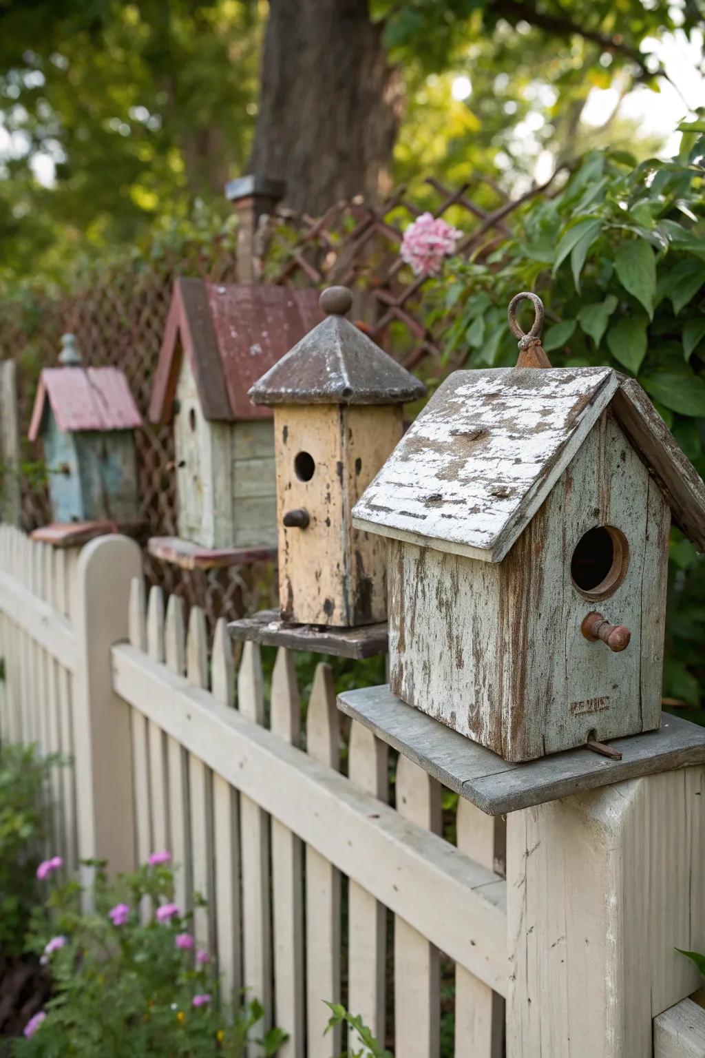 Vintage bird dwellings introduce a nostalgic and charming impression to the fence.