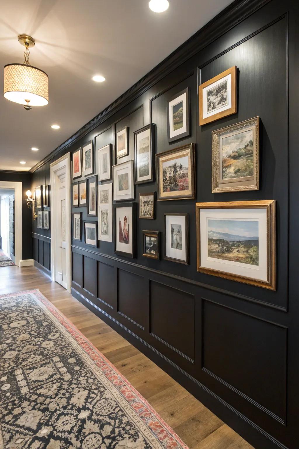 A black accent wall transformed into a gallery wall with an array of framed art.