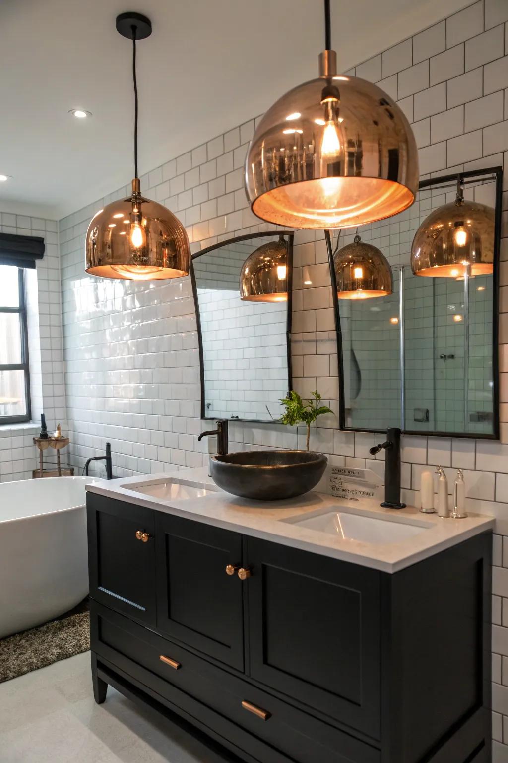 Copper pendant lights provide stylish illumination.