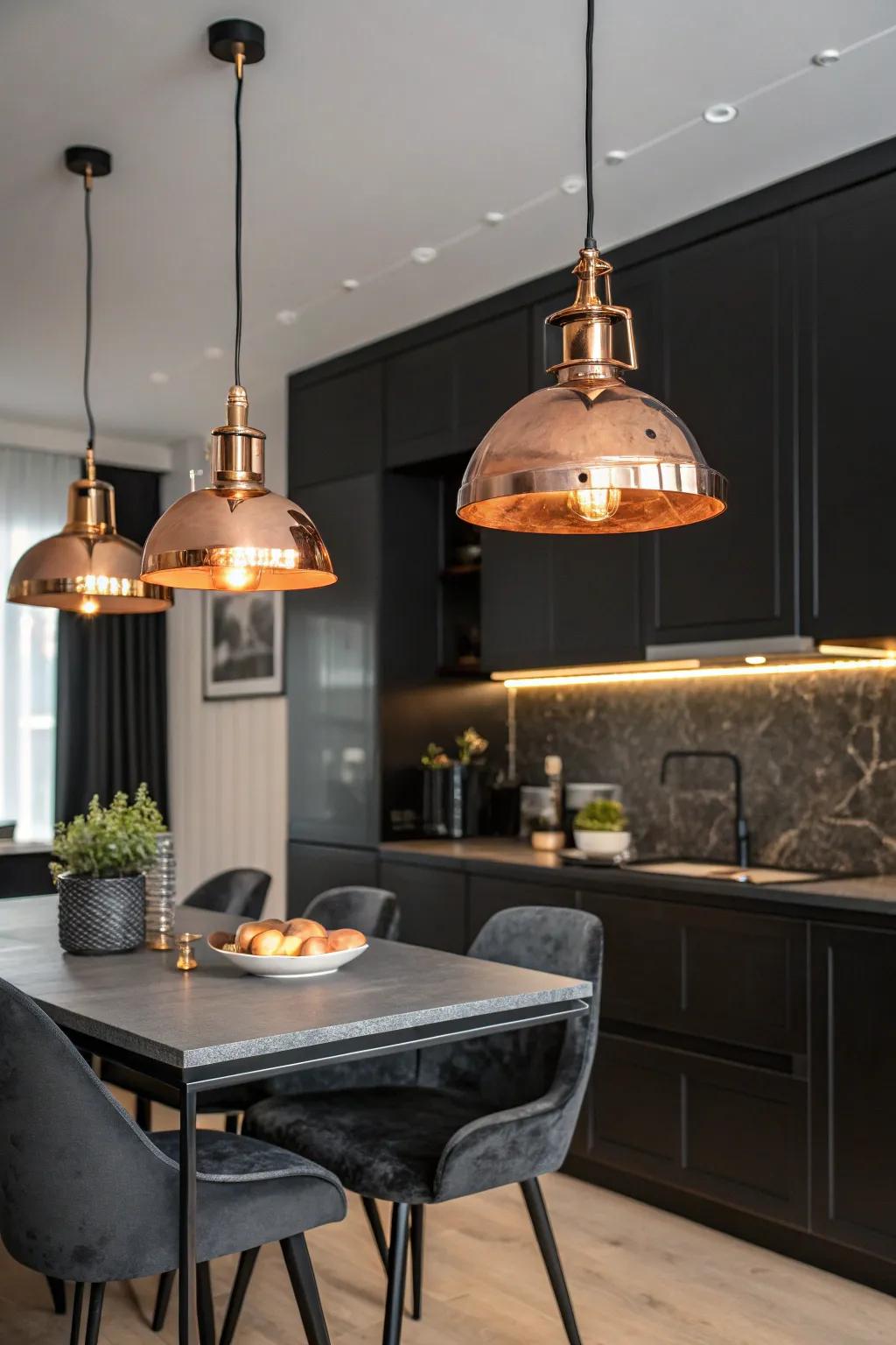 Copper lighting fixtures introduce a cozy, inviting ambiance to a black kitchen.