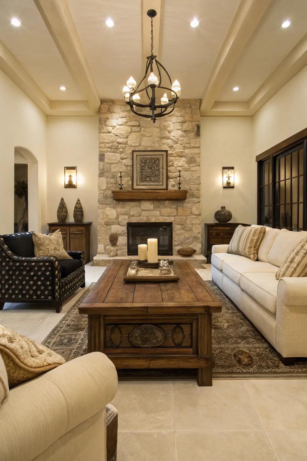 Natural materials like wood and stone add warmth and textile interest to the decor.