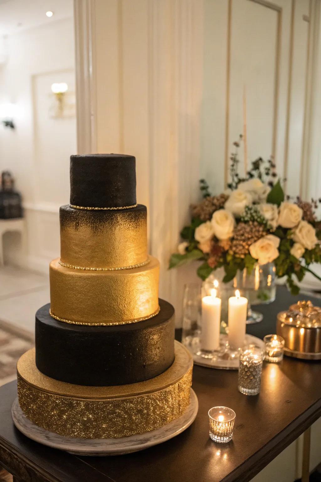 A stunning ombre effect from black to gold creates a visual masterpiece.