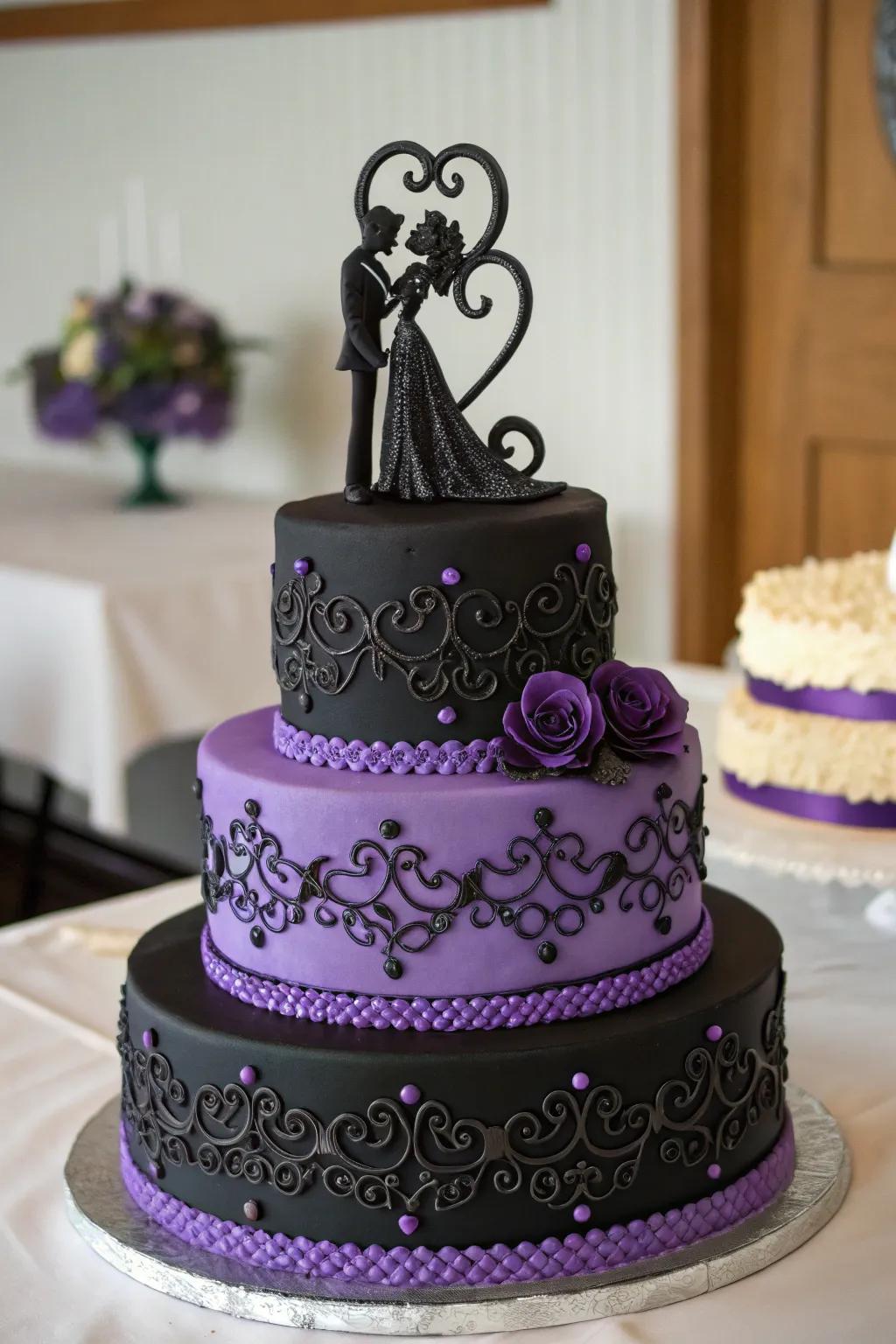 Surprising cake topper with a midnight and lavender theme.