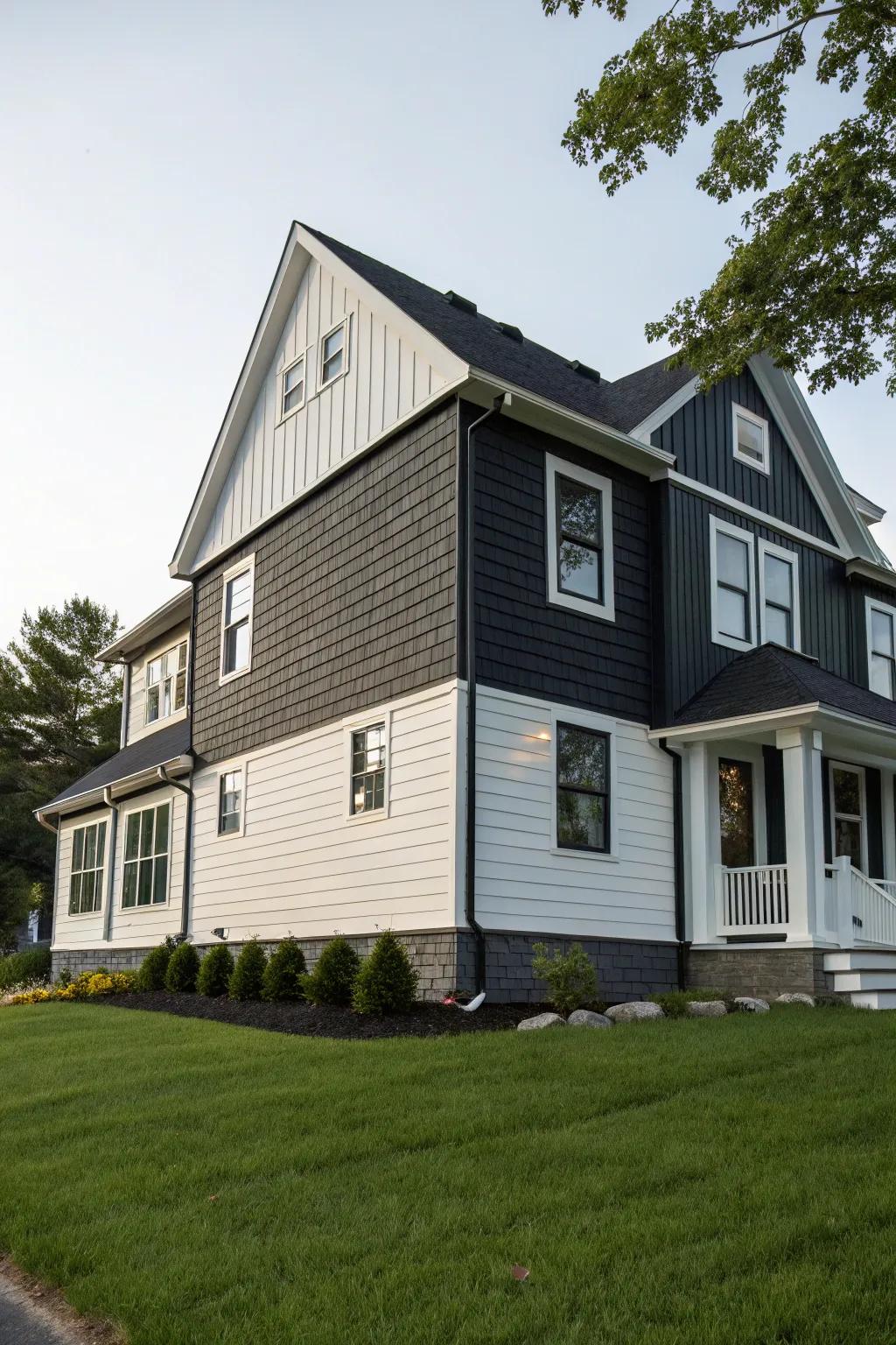 Vibrant textures from mixed sidings create an eye-catching exterior.