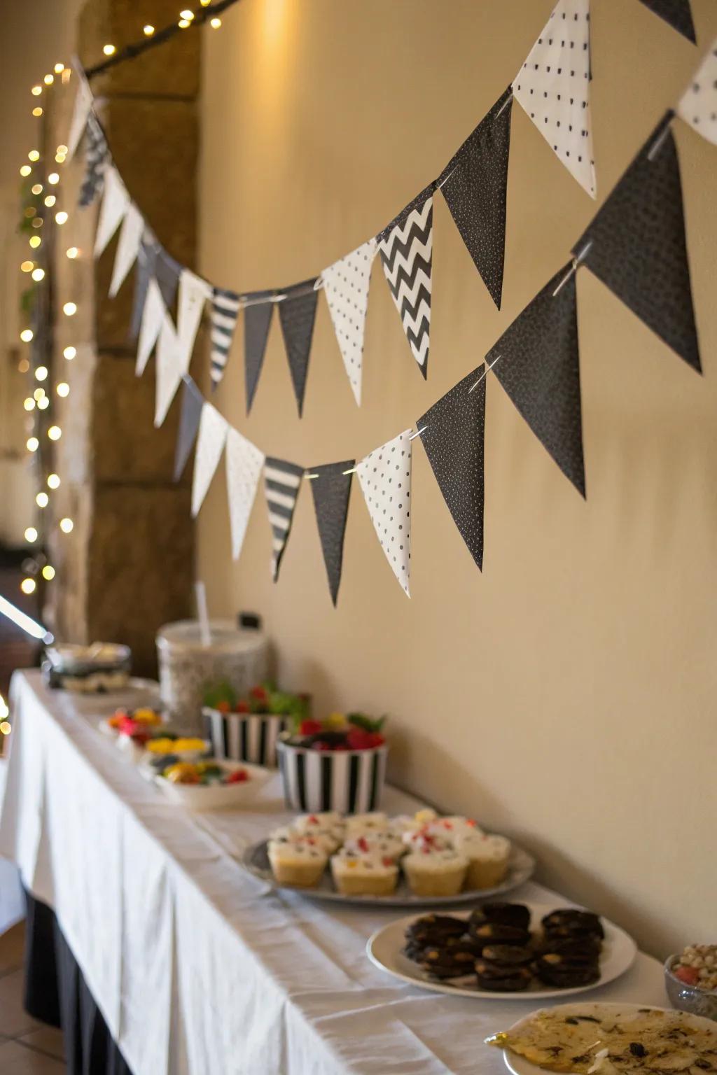 Handmade flag banner adds a personal and charming touch.