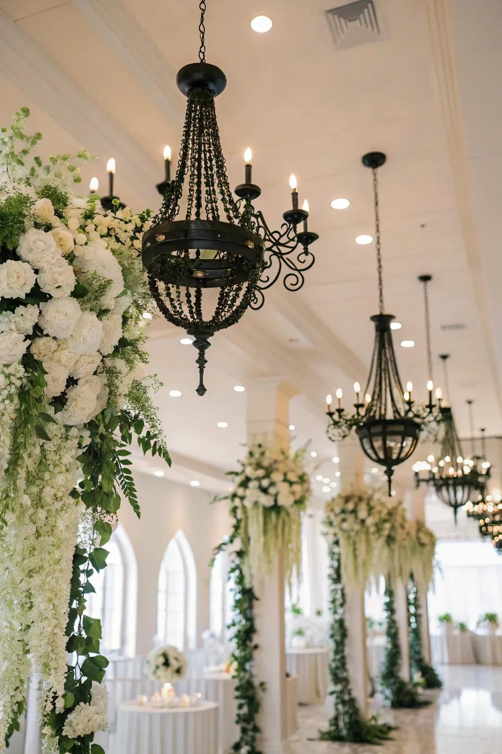 Blossom light fixtures introduce a dramatic touch to the wedding decor.