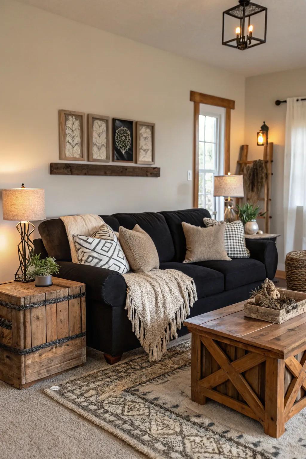 Modern farmhouse charm with a dark-toned sofa.