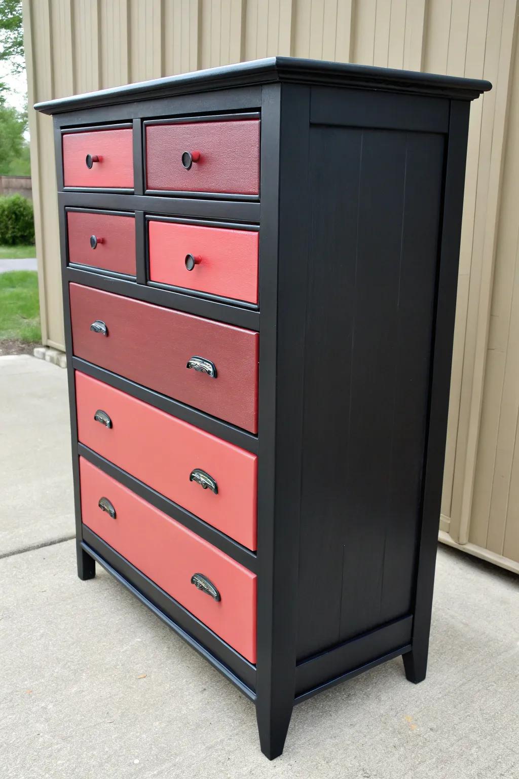 A black dresser with eye-catching two-tone drawer design.